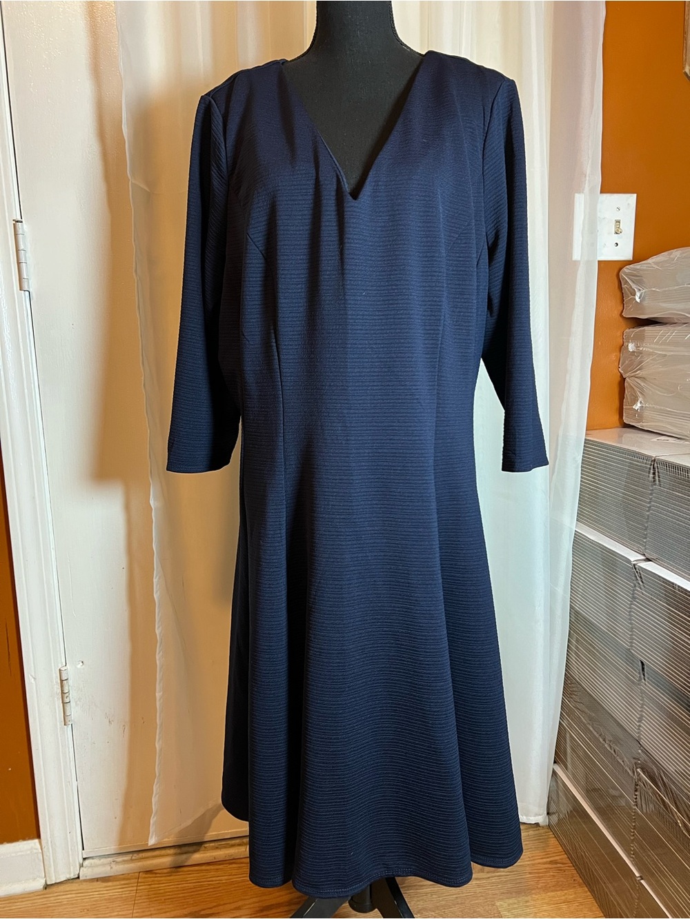 Lane Bryant Navy Textured V-Neck A-Line Midi Dress